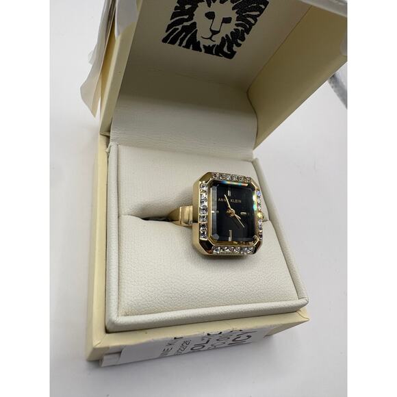 Anne Klein Women Watch Ring Gold-Tone Black Dial Square Crystal Bezel Box Gold